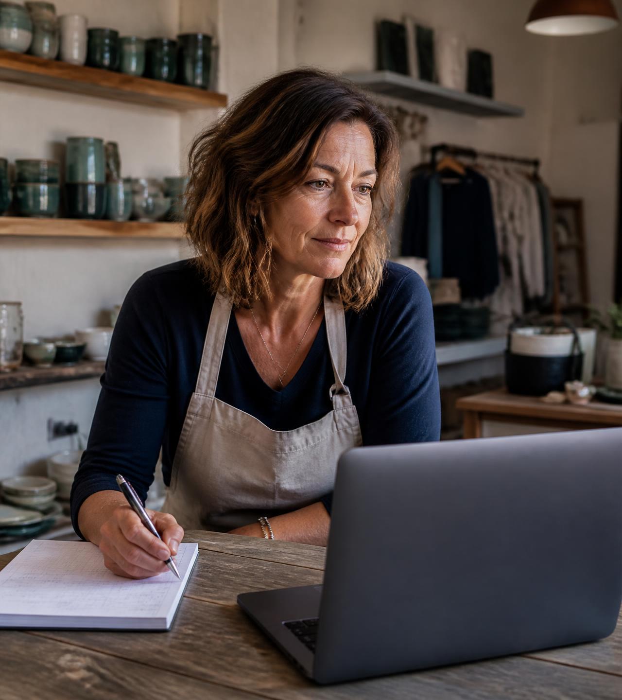 A small-business owner working through a plan at her workbench with a notebook and laptop