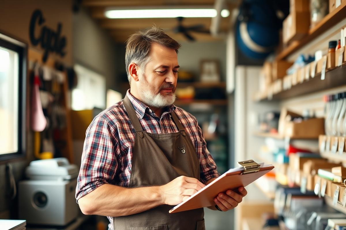 A shop owner checking stock on a clipboard behind the counter